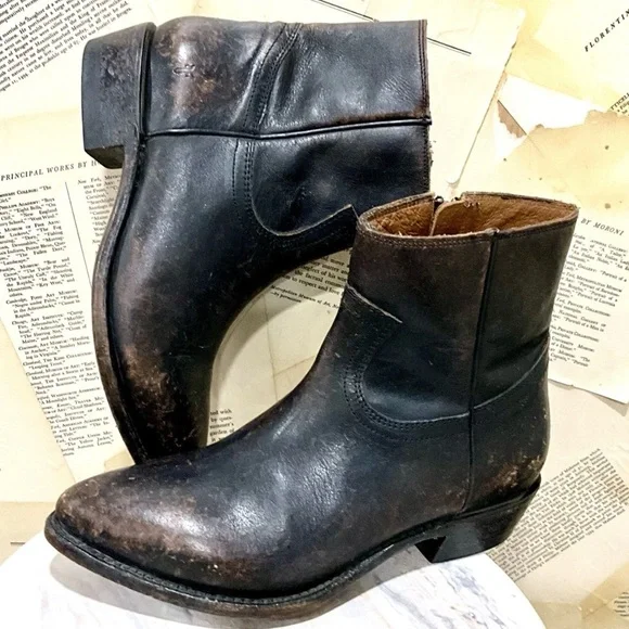 Free People Frye Billy Inside Zip Boot Distressed Black Leather Pointy Toe - Picture 2 of 13